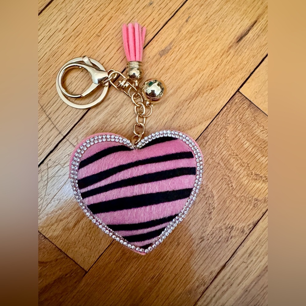 Rhinestone/Fur Zebra Print Pink Heart  NEW keychain/bag charm